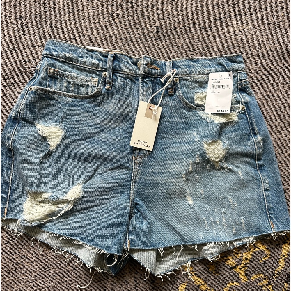 Brand new Good American distressed denim shorts